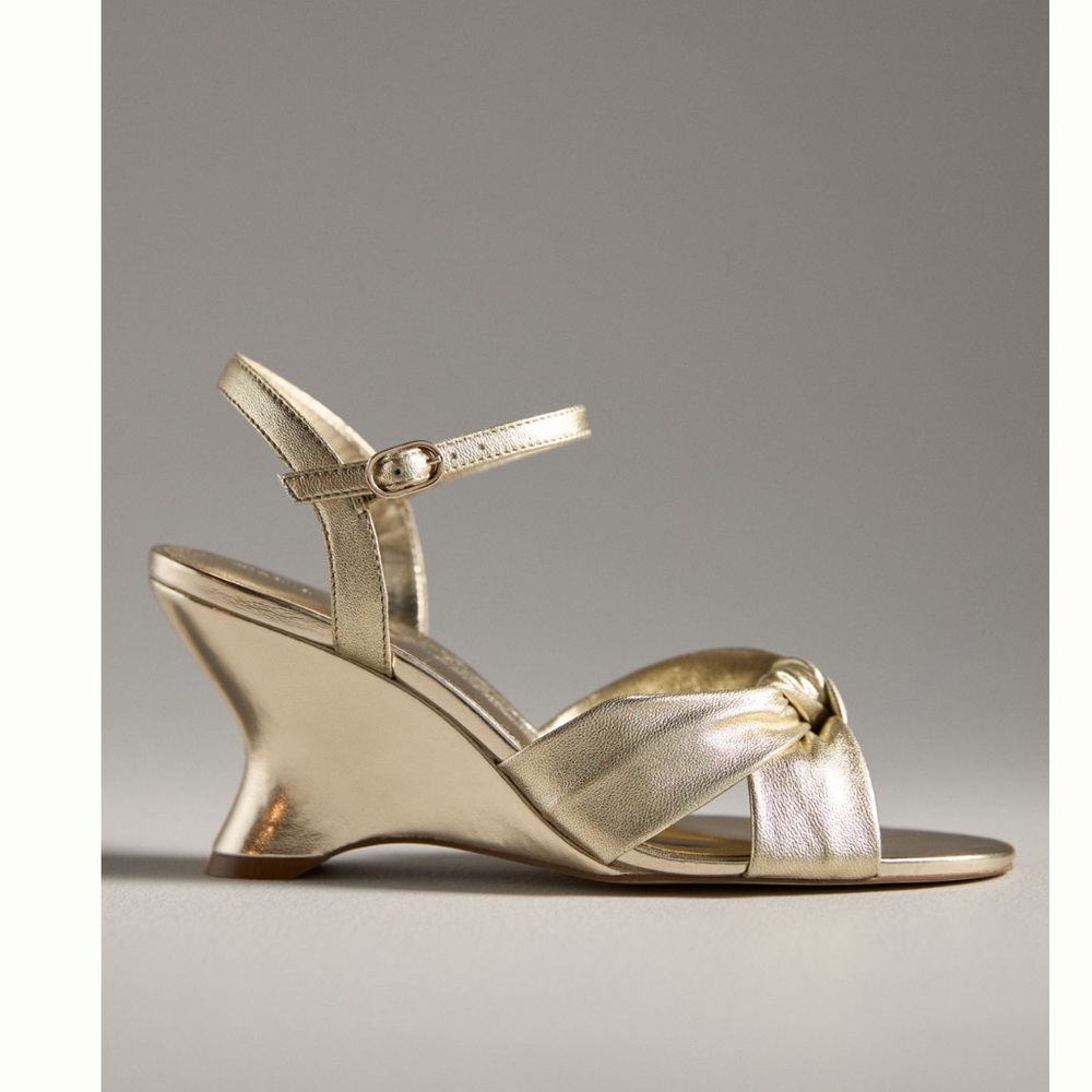 Anthropologie Metallic Gold Leather Wedge Sandals